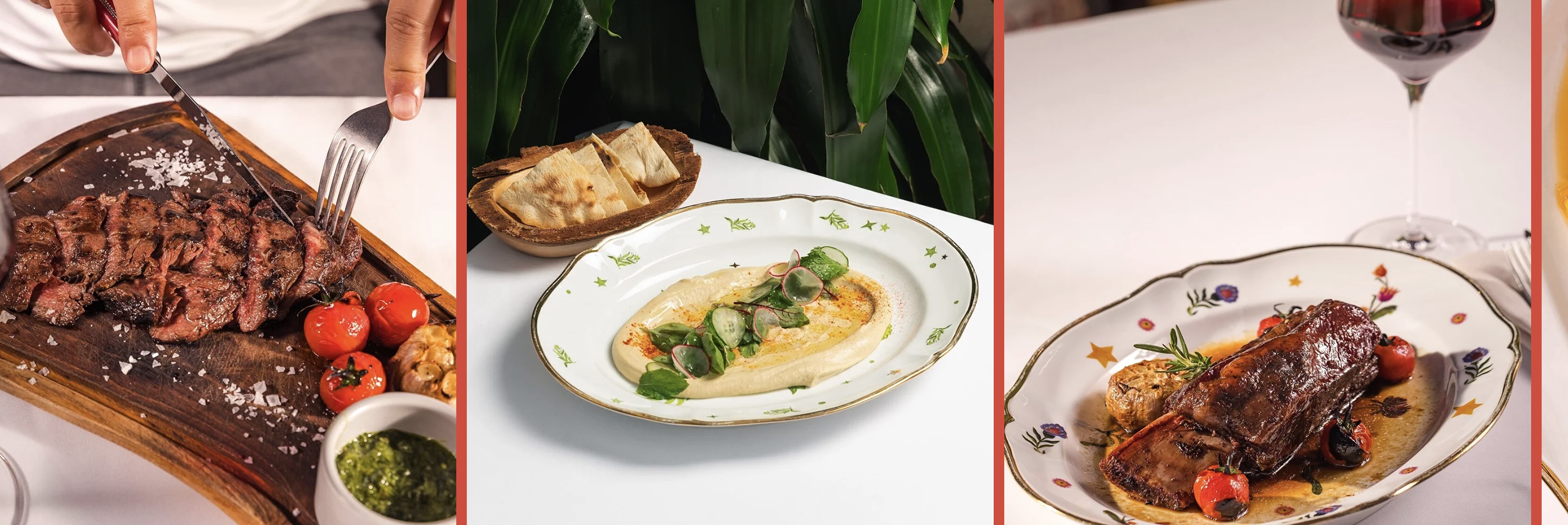 Restaurant dishes presented across a panoramic dining table